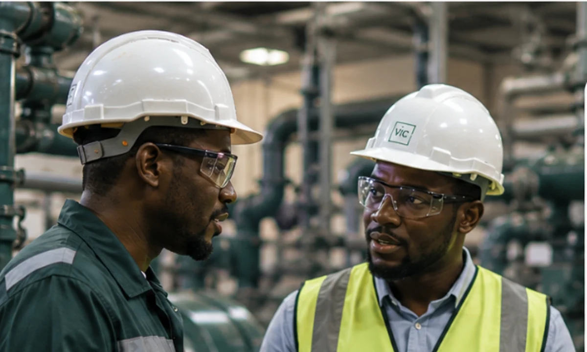 Deux professionnels échangeant dans une installation industrielle